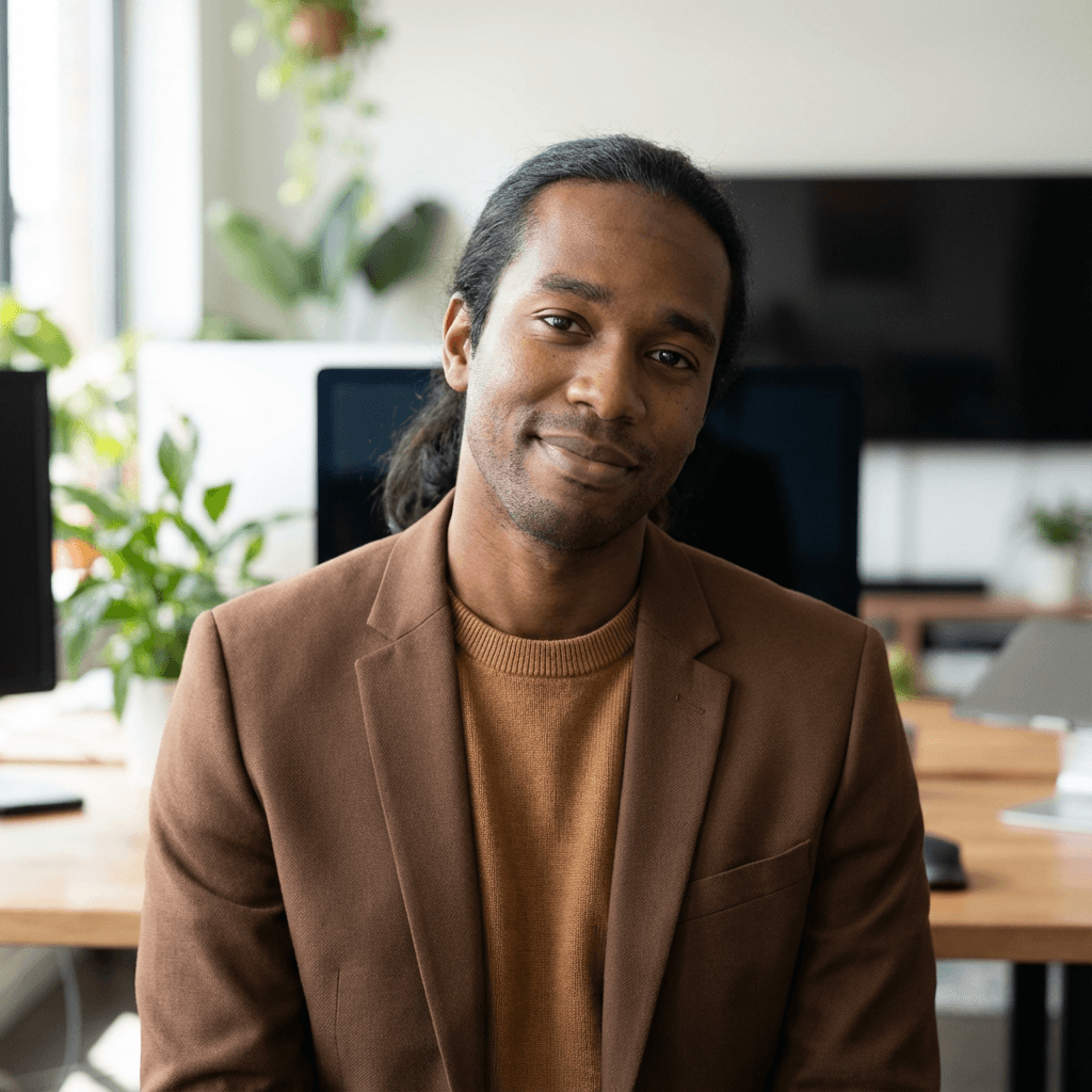 David Mensah in a smart shirt inside an office