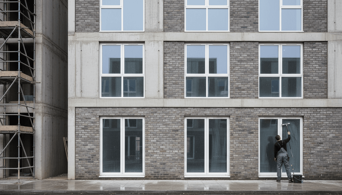 Newly built London home with a cleaner at work on the exterior