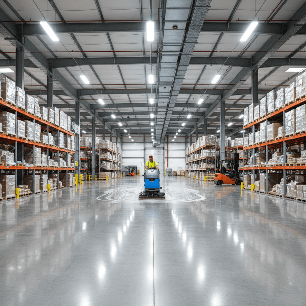 Industrial warehouse floor being scrubbed by a worker