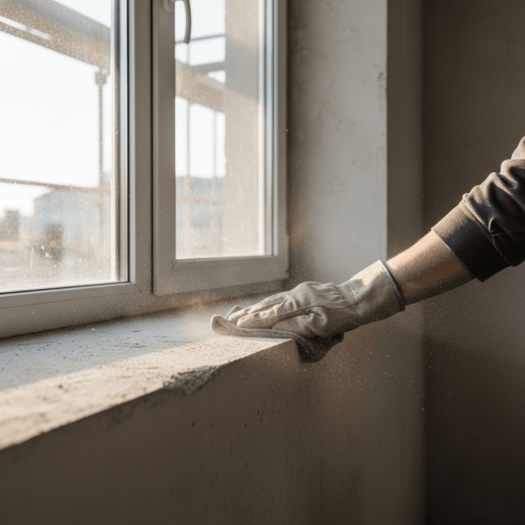 Worker wiping dust from a window sill after construction