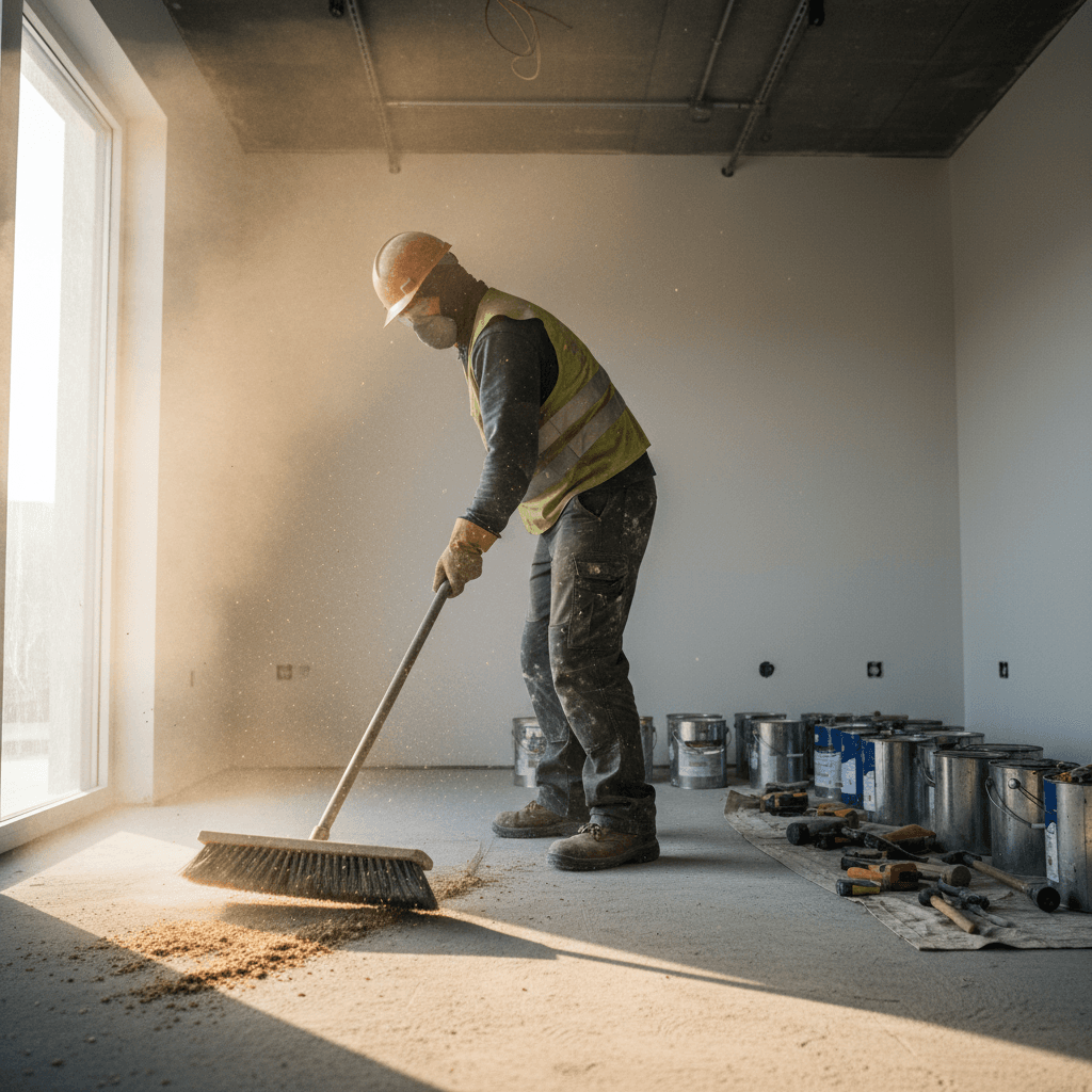 Worker preparing a finished interior for handover
