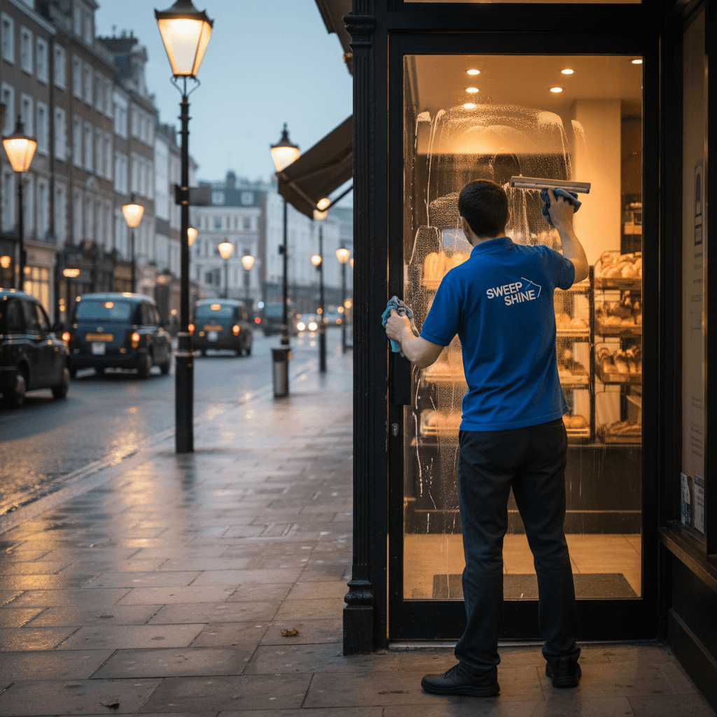 Worker cleaning a glass storefront door in London