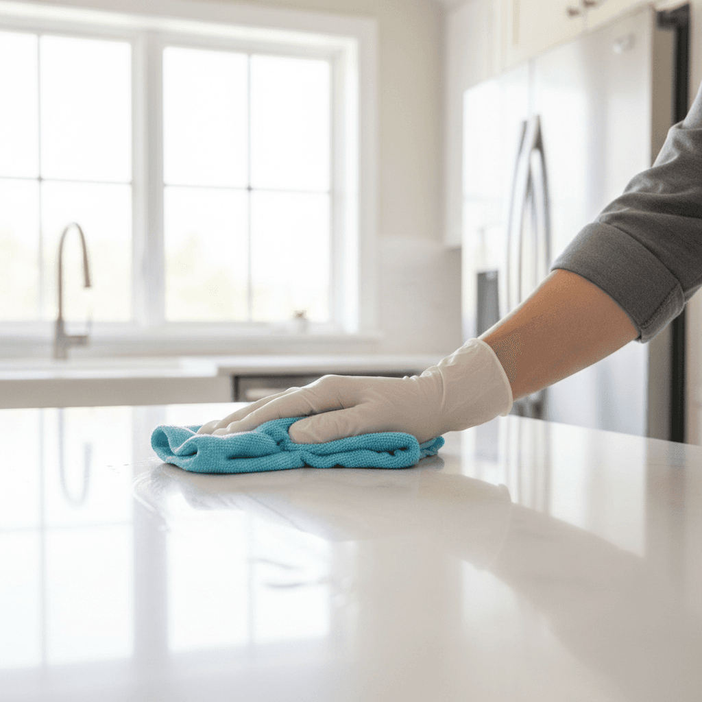 Worker polishing a new kitchen countertop