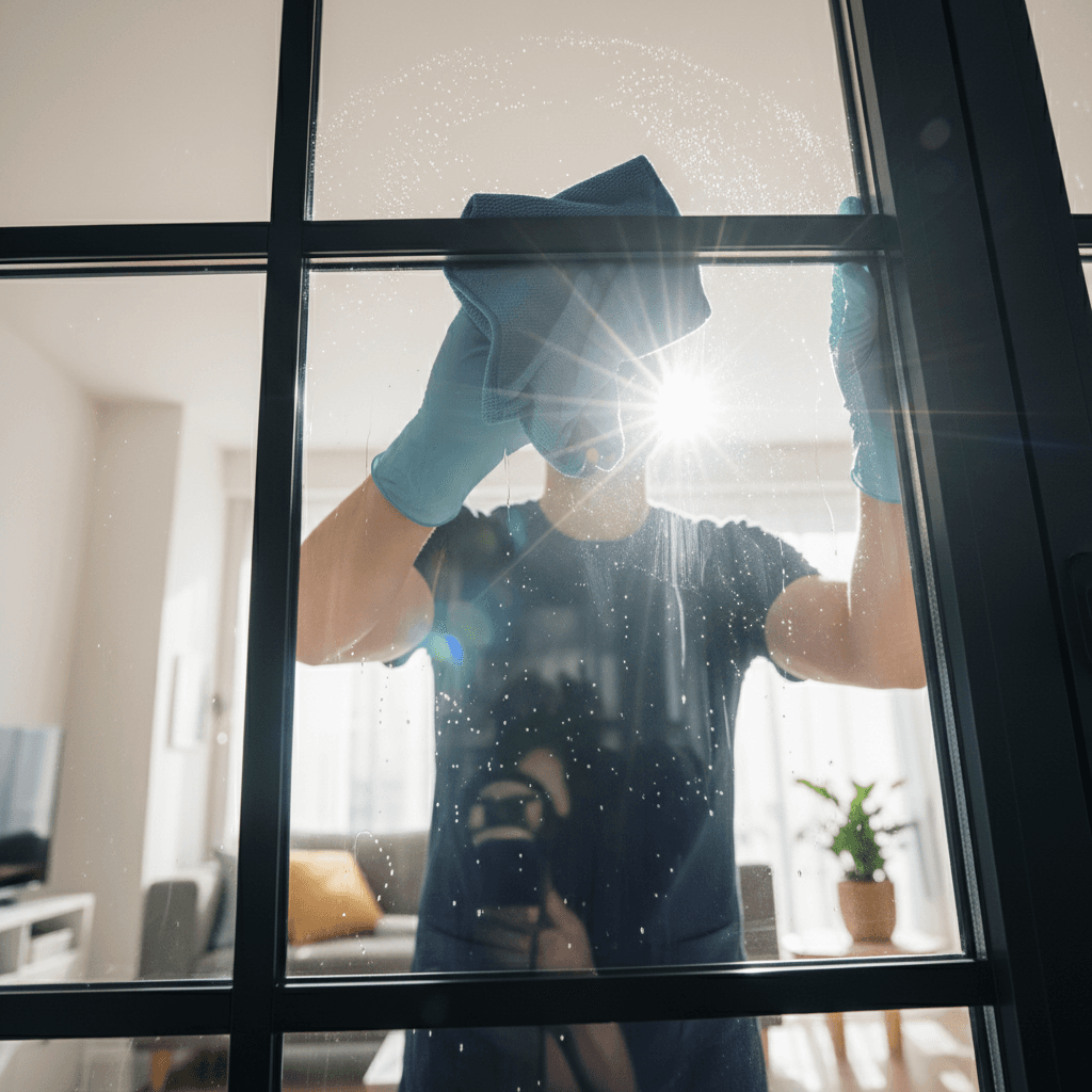 Cleaner washing windows in a residential flat